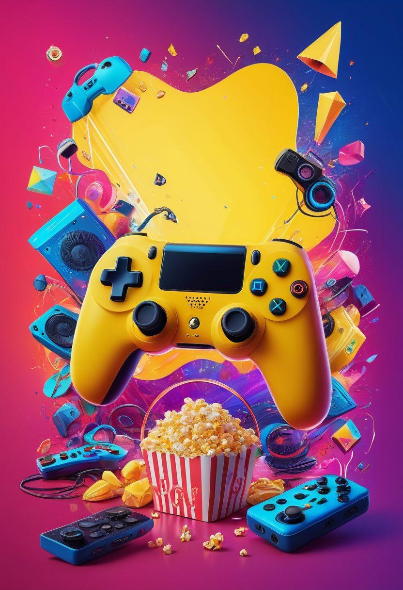 A dynamic collage showcasing a vibrant gaming controller, colorful streaming icons, and joyful characters enjoying various entertainment activities like gaming, watching movies, and exploring music. The background should be a whirlwind of neon colors representing endless content and fun, with abstract patterns symbolizing digital landscapes. super-realistic. vibrant colors. dynamic composition.