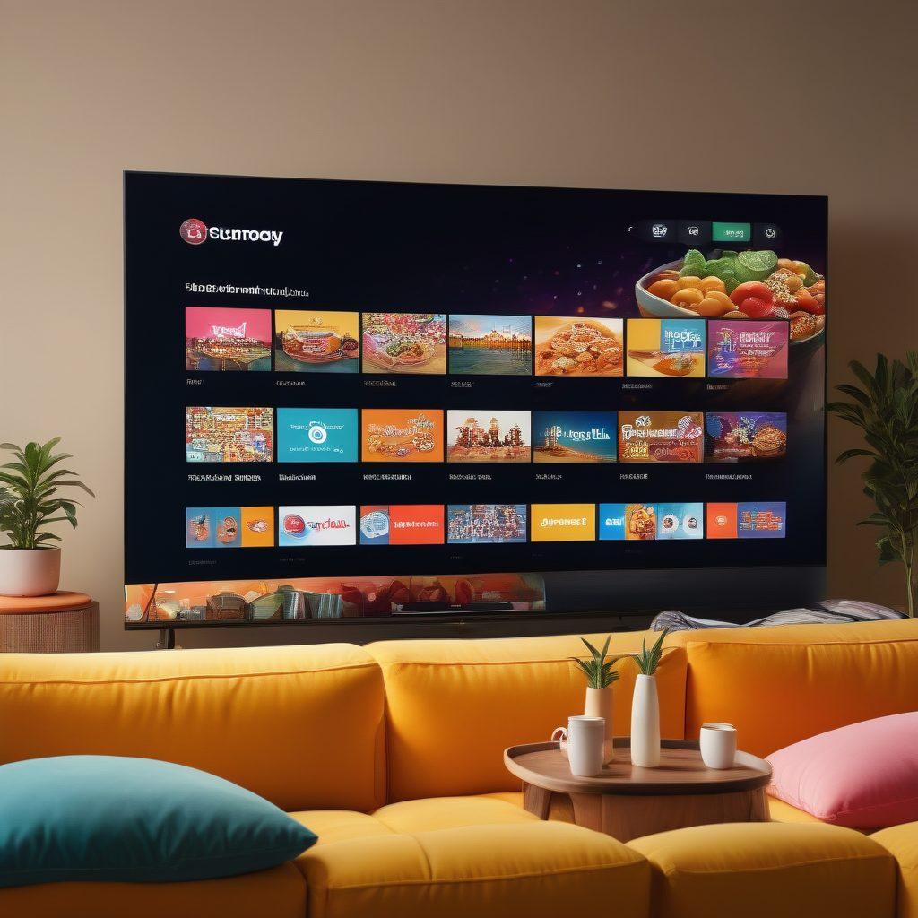 A stylish and inviting living room setting featuring a large screen displaying Maru TV's interface, with a diverse group of friends engaging and enjoying the content together. Include snacks and drinks scattered around, creating a cozy atmosphere. Emphasize user-friendly navigation icons and playful graphics that represent various streaming options. The overall vibe should be warm and social, encouraging community and fun. vibrant colors. cozy atmosphere. super-realistic.