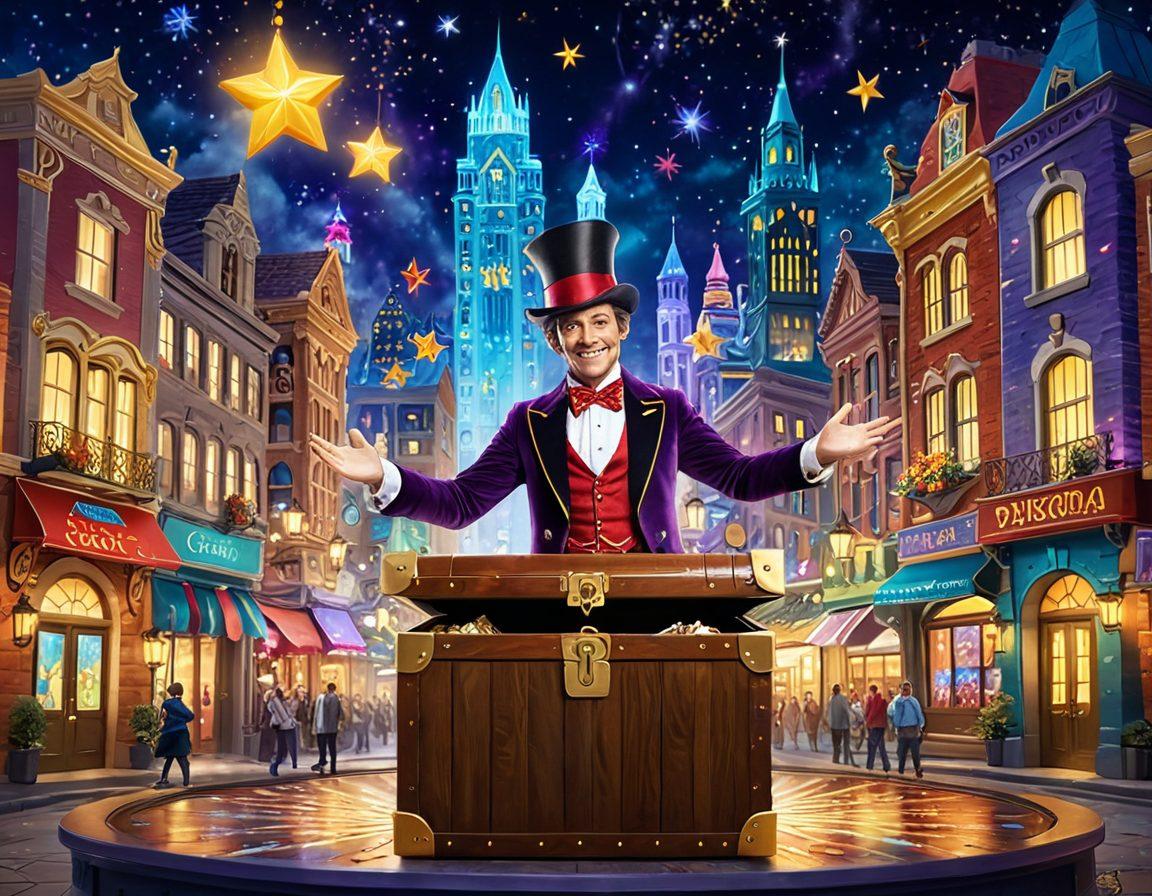 A whimsical magician unlocking a treasure chest filled with vibrant TV shows and movies, surrounded by sparkling stars and floating screens. The scene features cheerful characters watching in excitement, with a golden key hovering above the chest, symbolizing discovery. The backdrop showcases a colorful cityscape representing various entertainment genres, bursting with energy. bright colors, cartoon style, whimsical atmosphere.